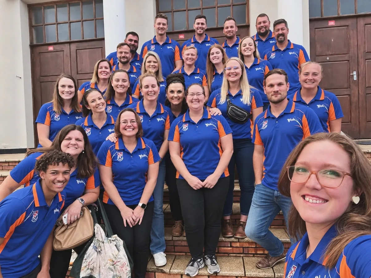 An office team in blue and orange polo shirts