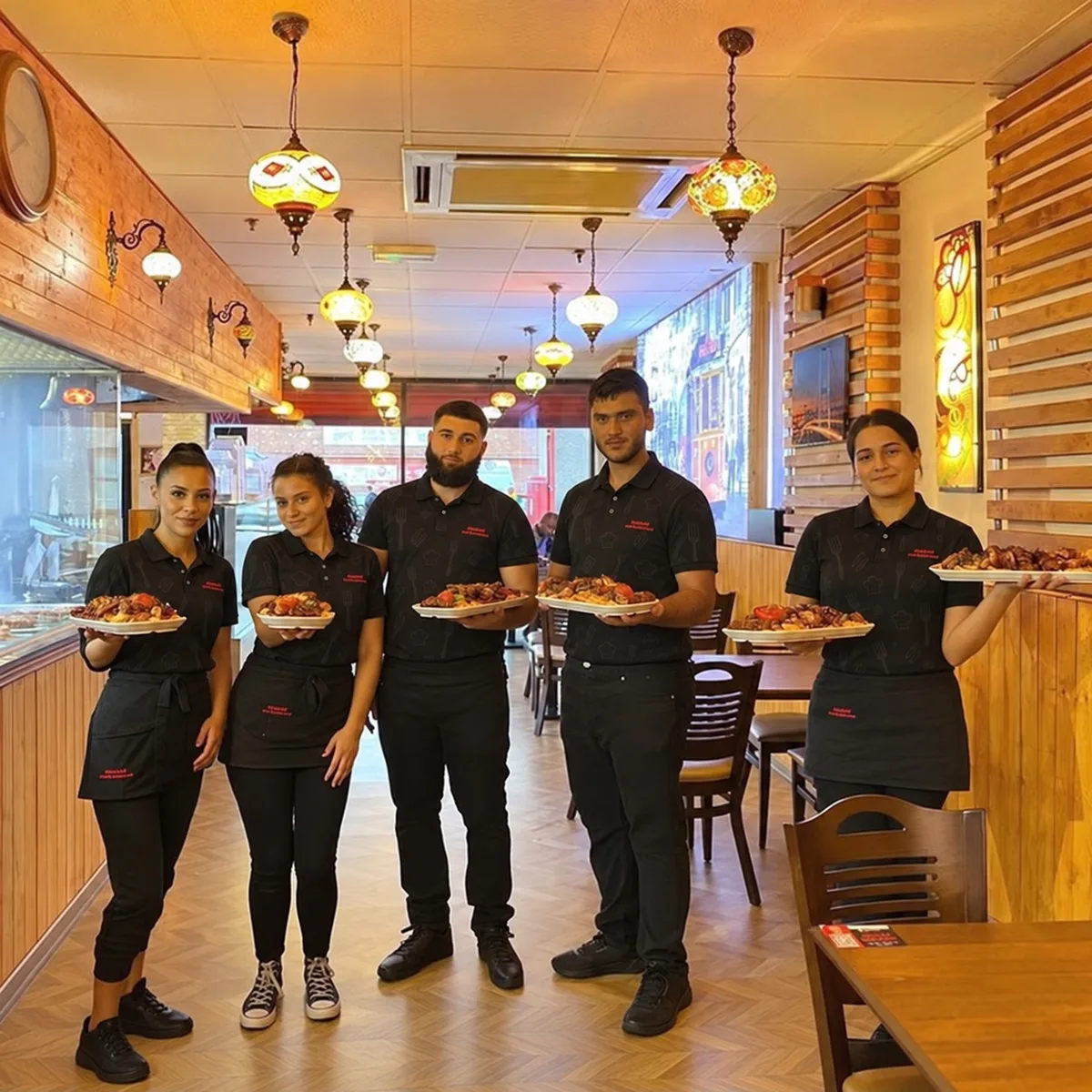 Restaurant crew in black shirts holding plates